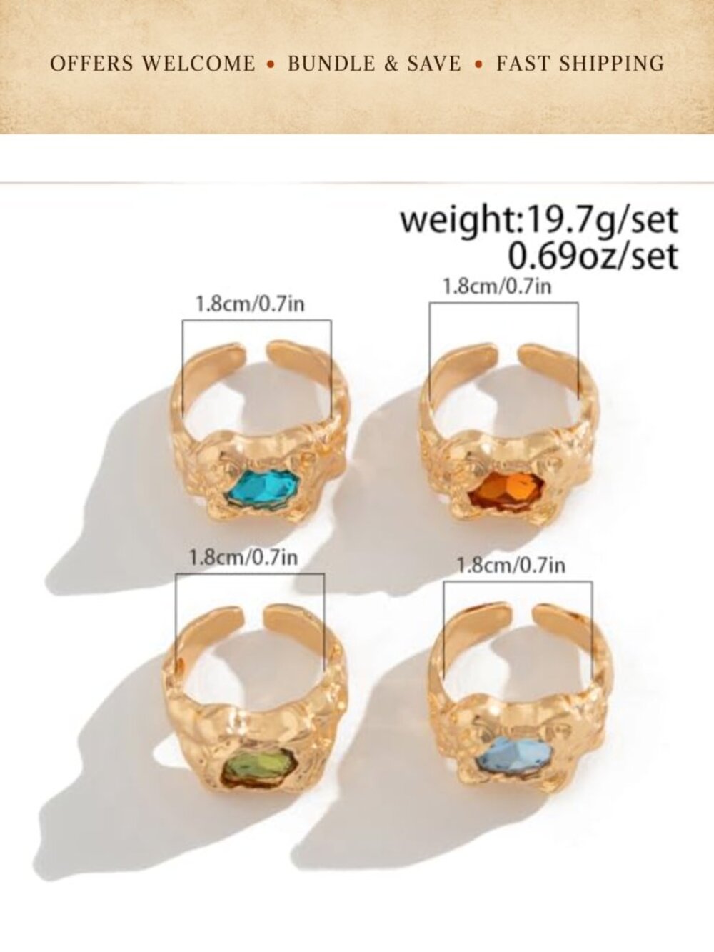 Chunky Crystal Rhinestone Knuckle Rings Set Adjustable Statement Jewelry - Picture 2 of 5